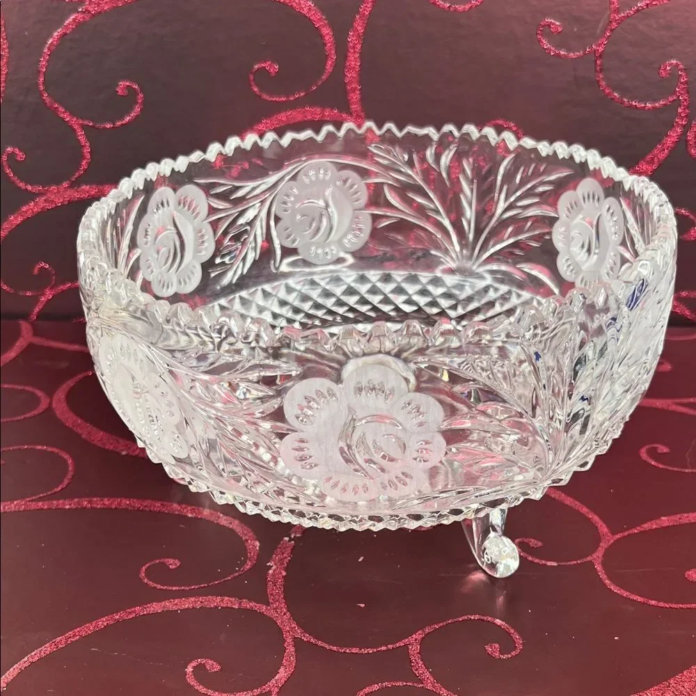 Vintage Cut Crystal Glass Footed Bowl Etched Flower on Sides Very Heavy